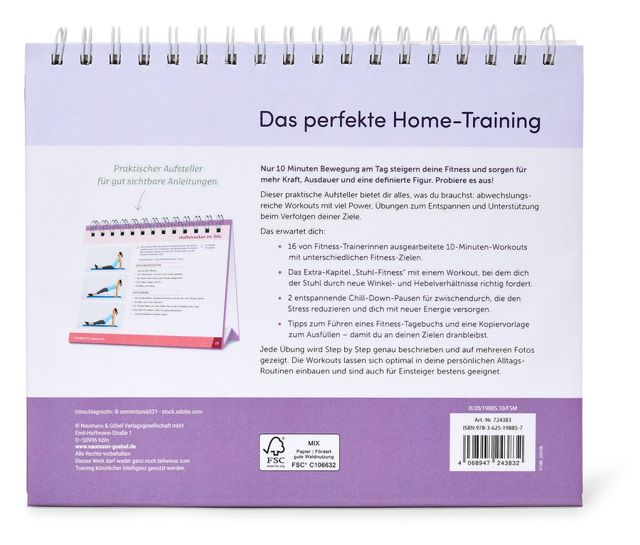 Ein Trainingsplaner mit dem Titel "Das perfekte Home-Training" und einem praktischen Aufsteller für gute Anleitungen.