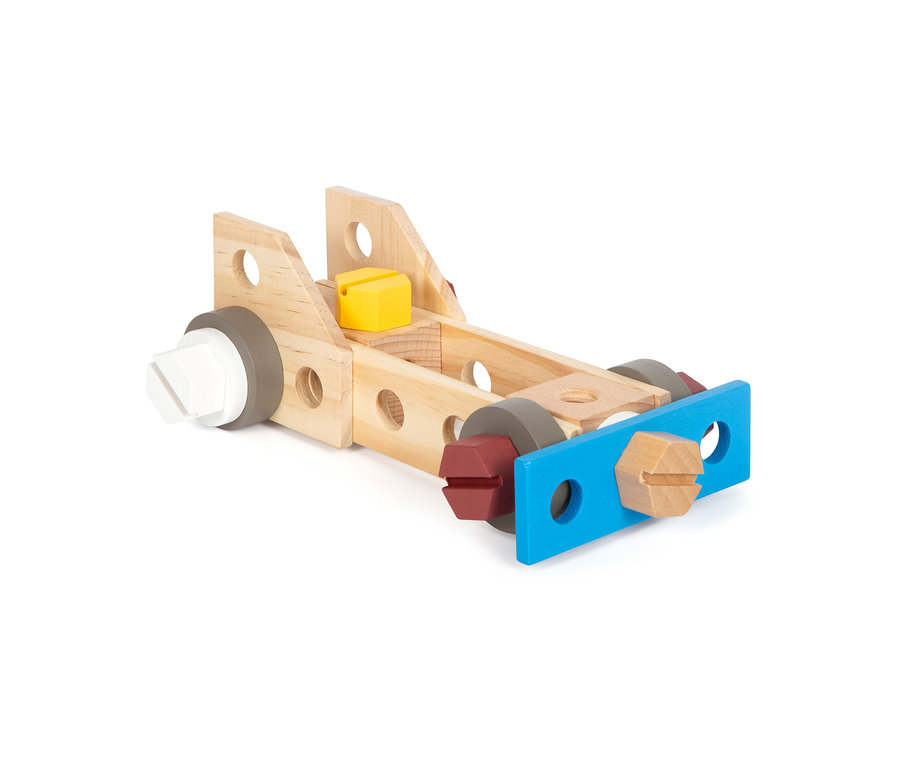 Detailaufnahme des "small foot Werkzeugkoffer »Workshop«", ein Holzspielzeug mit bunten Schrauben und Muttern.