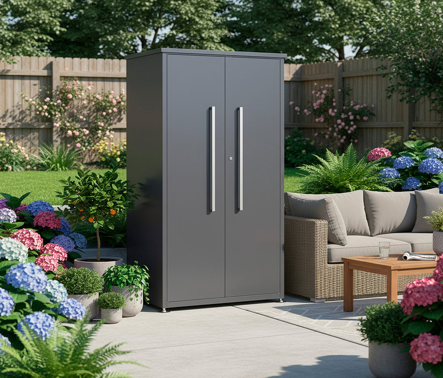 Ein grauer Gartenschrank steht auf einer Terrasse, umgeben von Blumen und einer Couchgarnitur.
