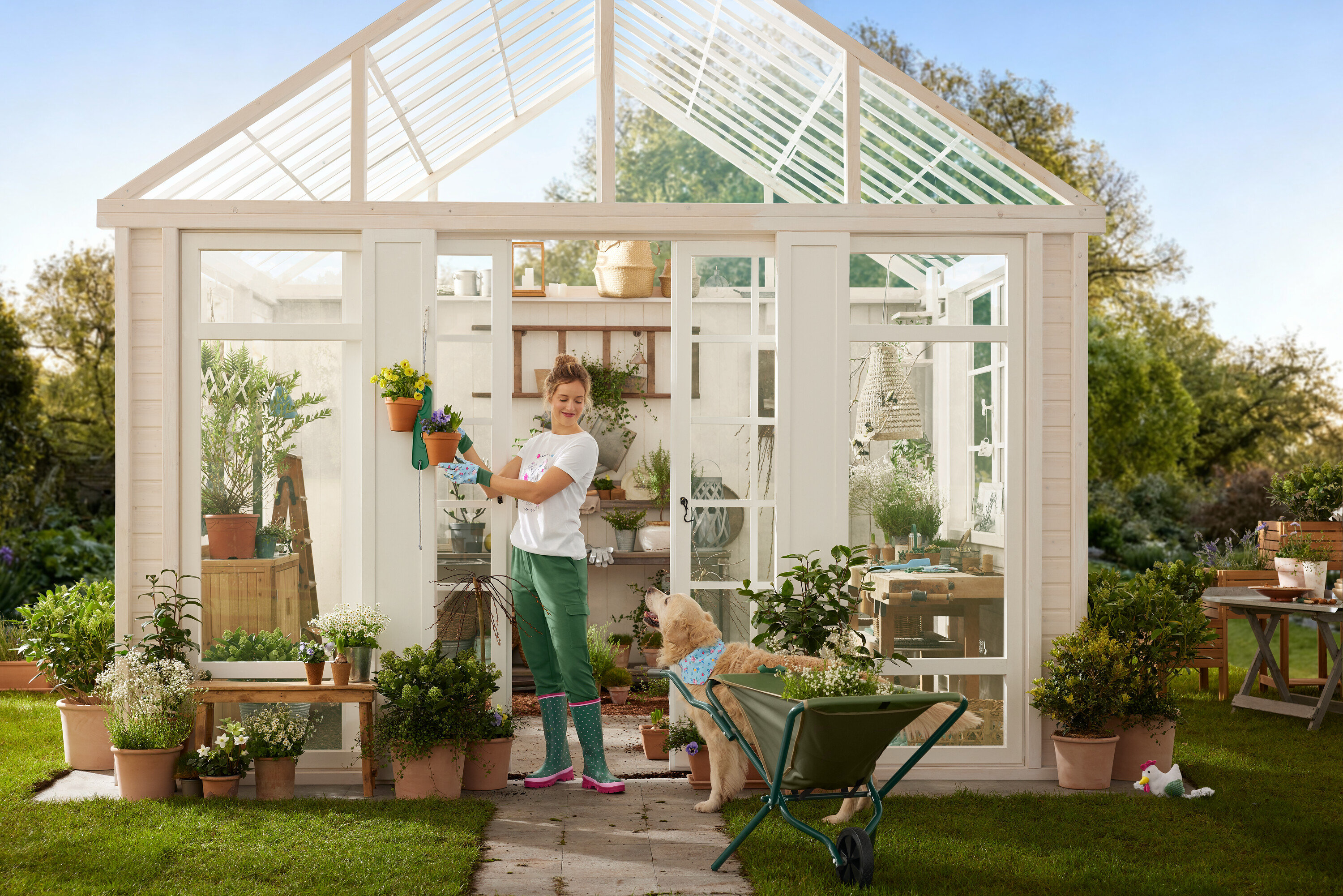 Eine Frau mit Gartenhandschuhen hängt Blumentöpfe an ein Gewächshaus, während ein Hund neben einer Schubkarre steht.