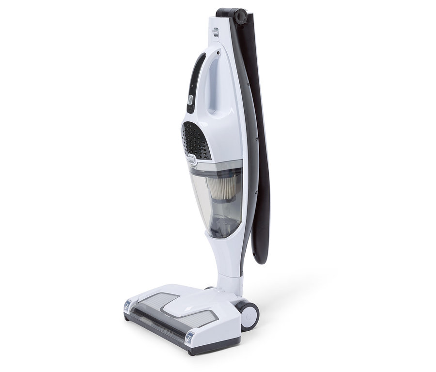 Ein weißer und schwarzer Staubsauger steht auf einem weißen Hintergrund.