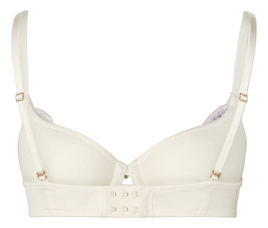 Rückansicht eines cremefarbenen BHs mit dünnen Trägern und lila Akzenten.
