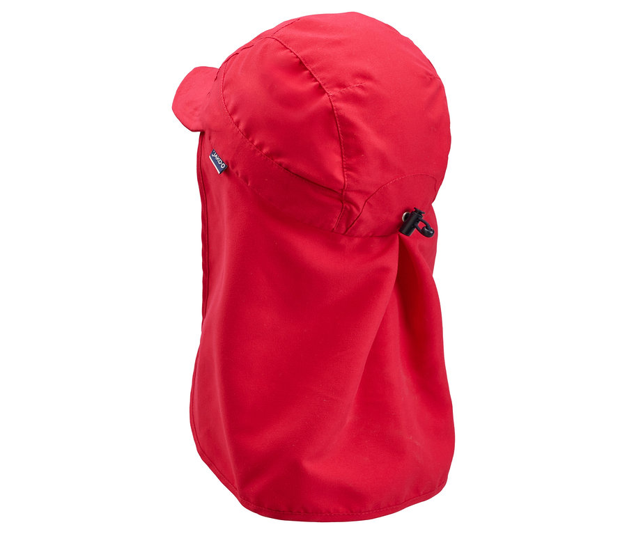 Nahaufnahme der JAKO-O Kappe mit Nackenschutz in Traubenfarbe.