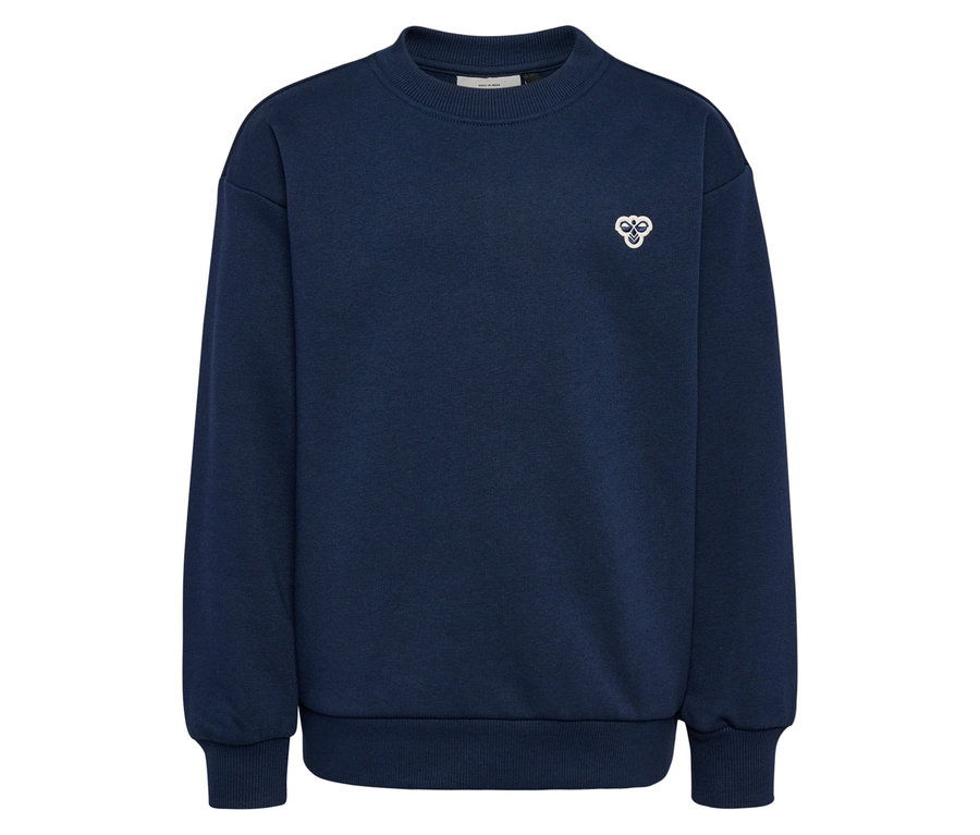 Blauer hummel® Sweater HMLJR Loose Crew Neck Bee mit Rundhalsausschnitt und kleinem, weißen Logo auf der Brust.