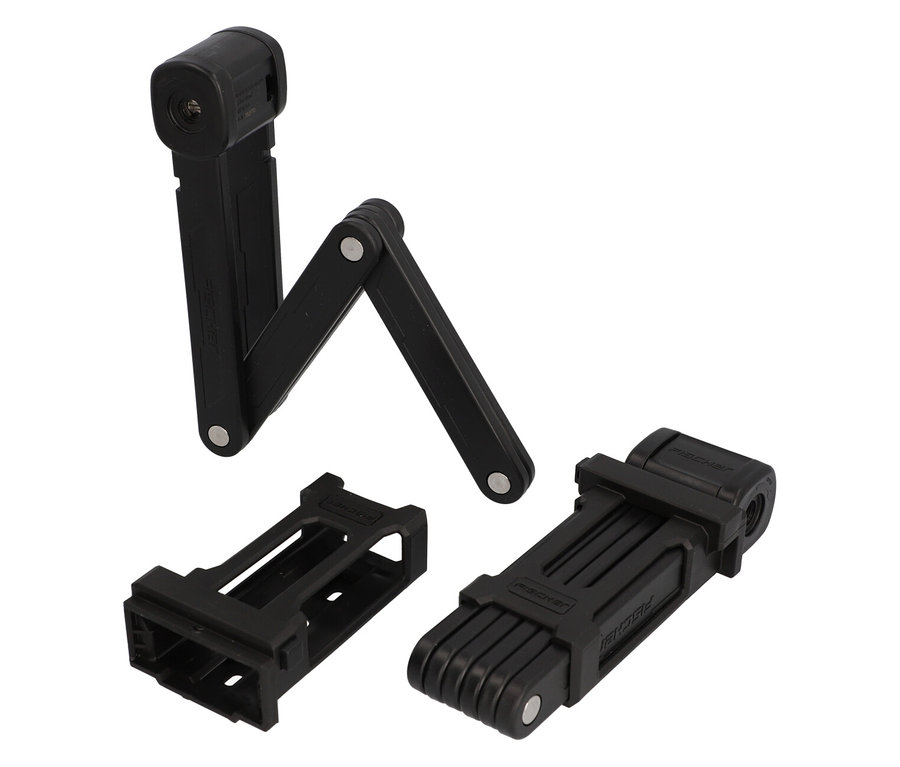 Nahaufnahme von Fischer Faltschloss Twin FK85/8 in verschiedenen Positionen, darunter eine gefaltete und eine teilweise geöffnete Version.