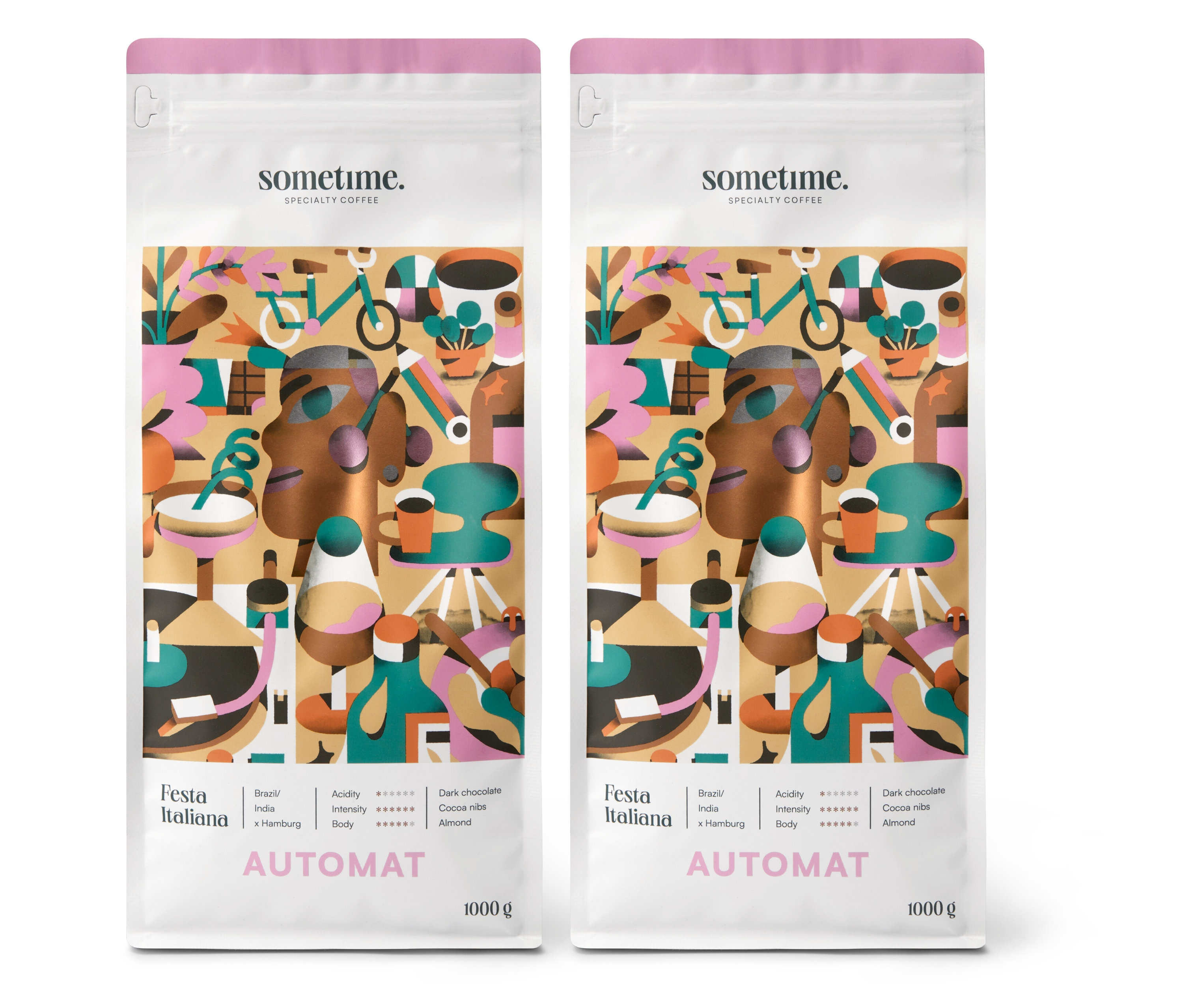 Zwei Packungen sometime FESTA ITALIANA Caffè Crema Ganze Bohne, 2 x 1 kg, mit abstrakten Grafiken auf weißem Grund.