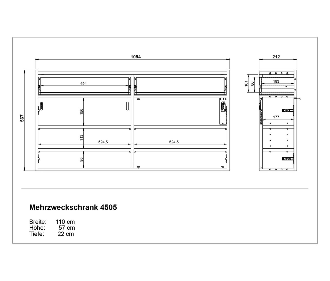 Technische Zeichnung eines breiten, weißen Mehrzweckschranks »Ameca« mit Maßangaben.