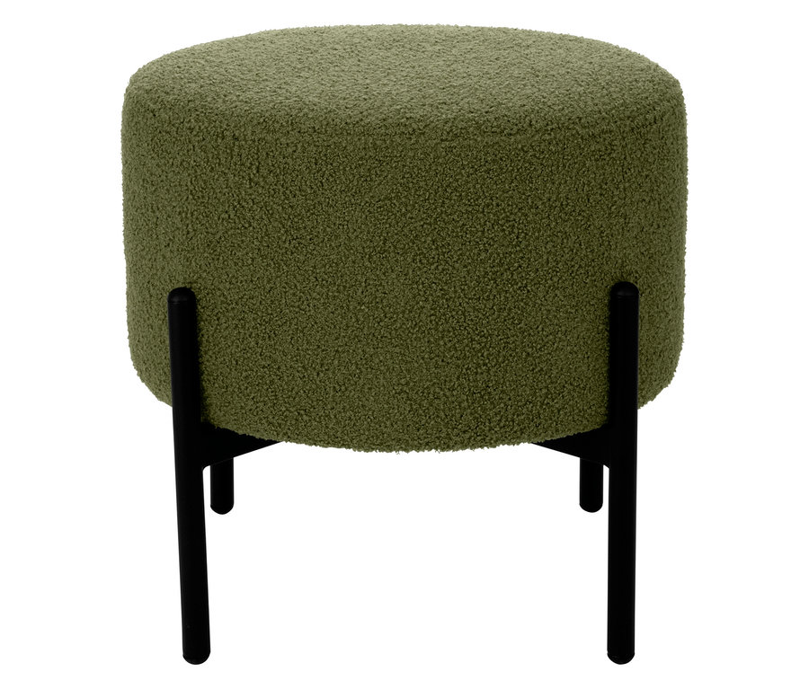 Ein runder, olivegrüner Hocker mit schwarzem Metallgestell steht auf weißem Hintergrund.