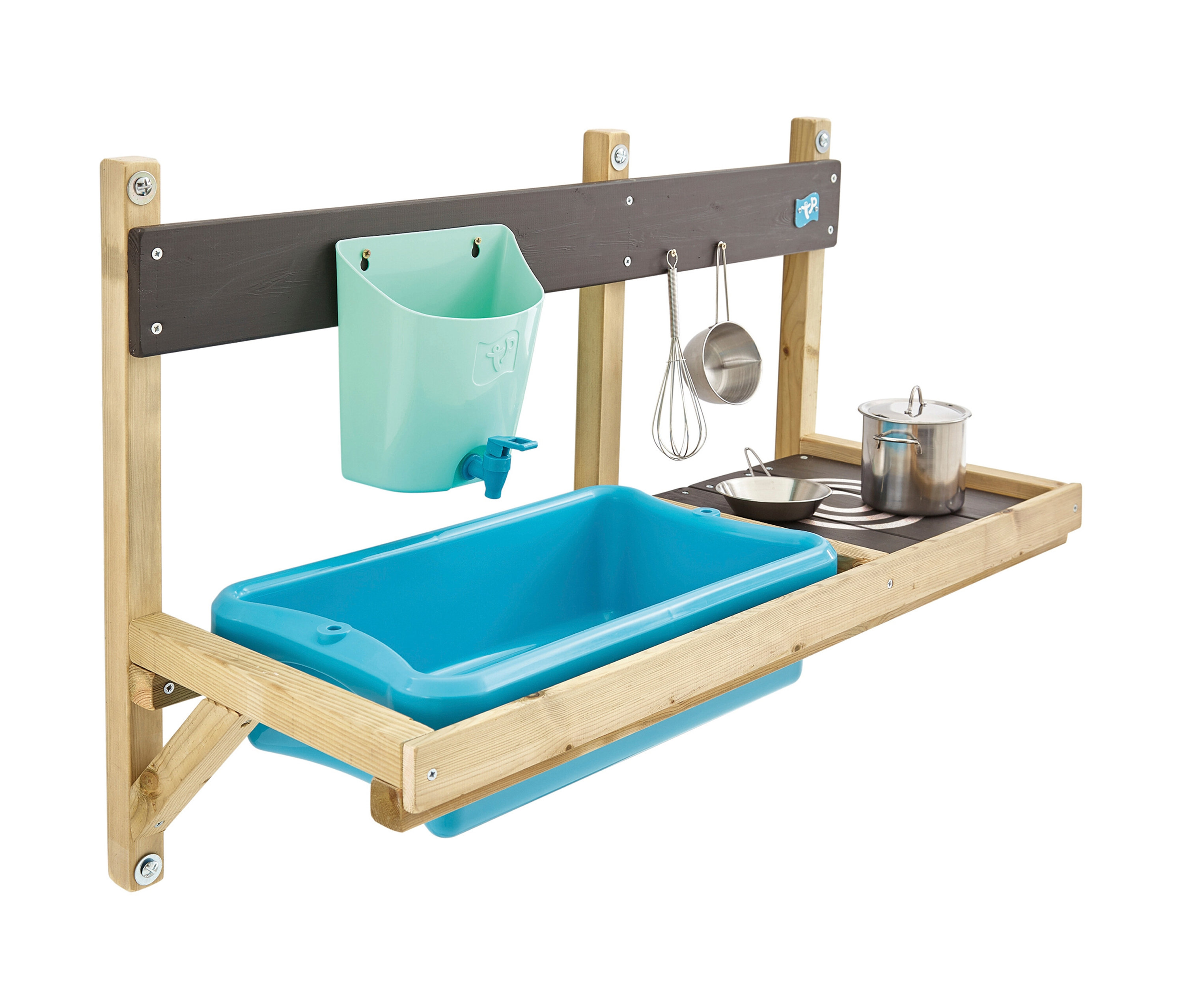 Anbau-Holz-Kinderspielküche »Deluxe« mit Becken, Töpfen und Küchenutensilien.