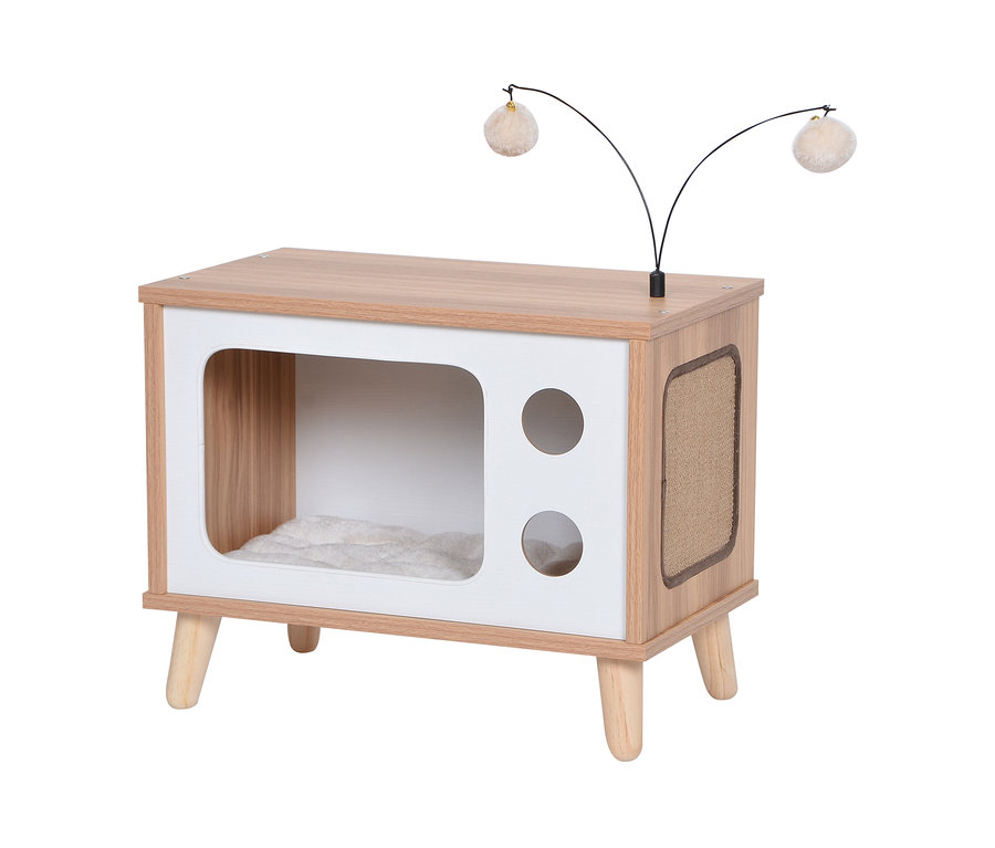 Dobar-Katzenhöhle in Form eines Holzfernsehers mit weißer Umrandung, zwei Löchern und einer Sisalmatte an der Seite.