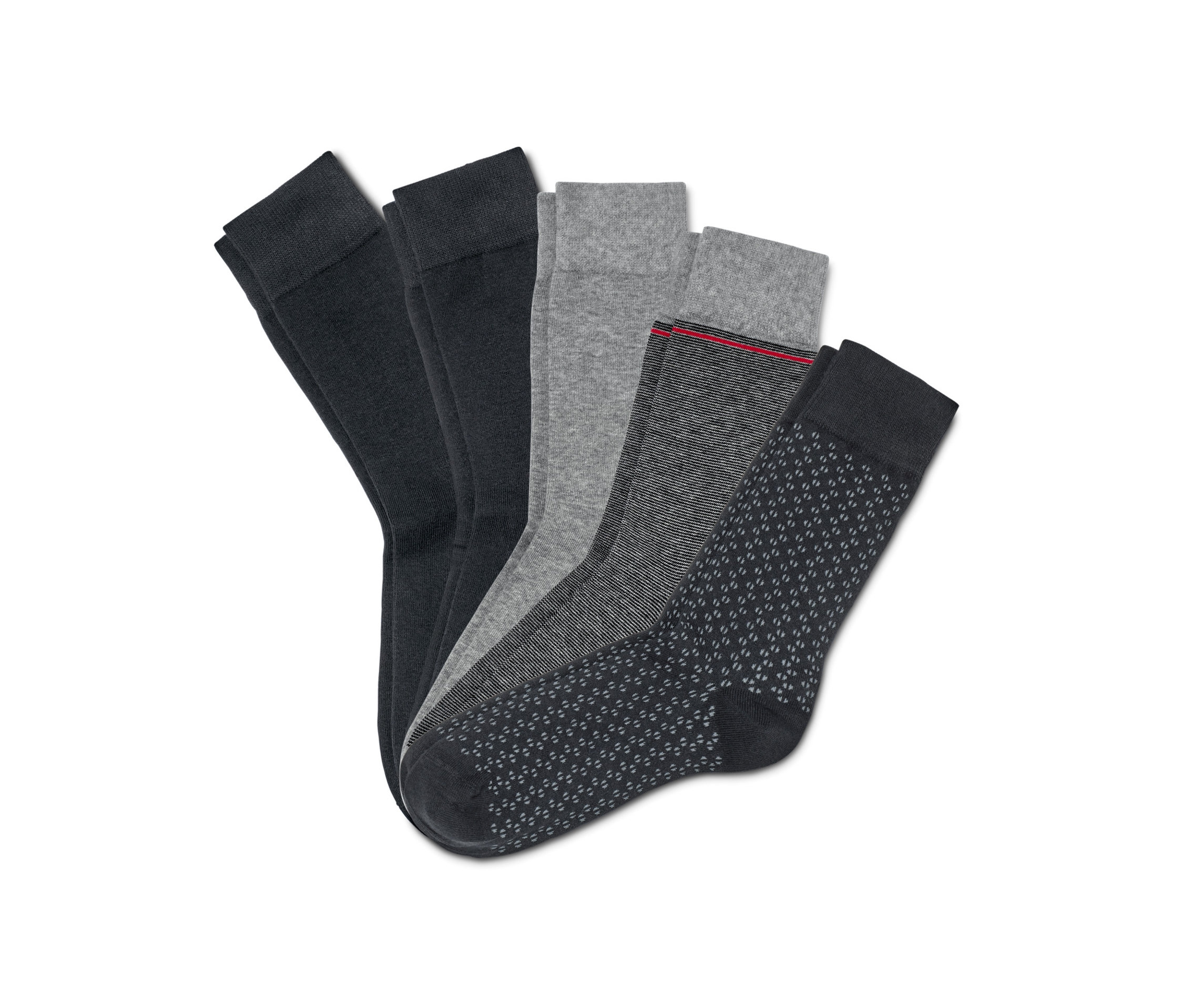 Fünf Paar Socken auf weißem Hintergrund.