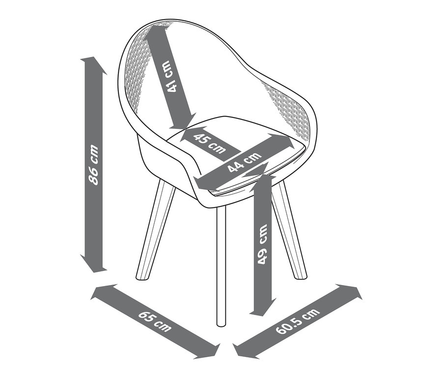 Abbildung eines Schalenstuhls mit Polyrattangeflecht und Maßangaben.