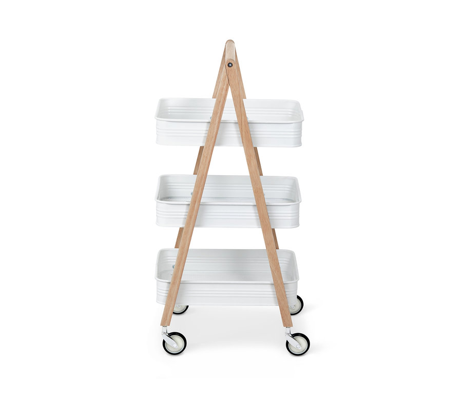 Weißer Rollwagen mit drei Ablagen und hellem Holzgestell.
