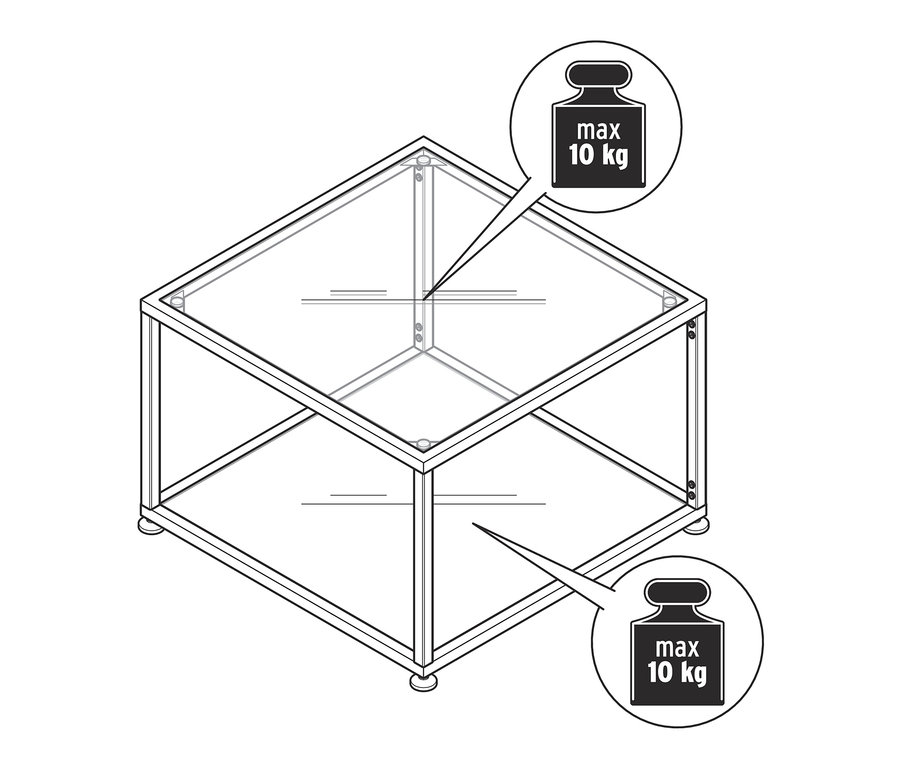 Abbildung eines Couchtischs mit Glasplatte, maximale Belastung 10 kg.