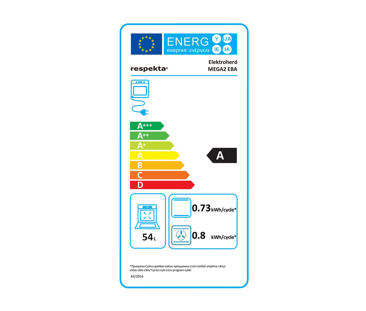 Energielabel für Respekta MEGA2 EBA Elektroherd, Klasse A, 54 Liter, 0.73 kWh/Zyklus Verbrauch.