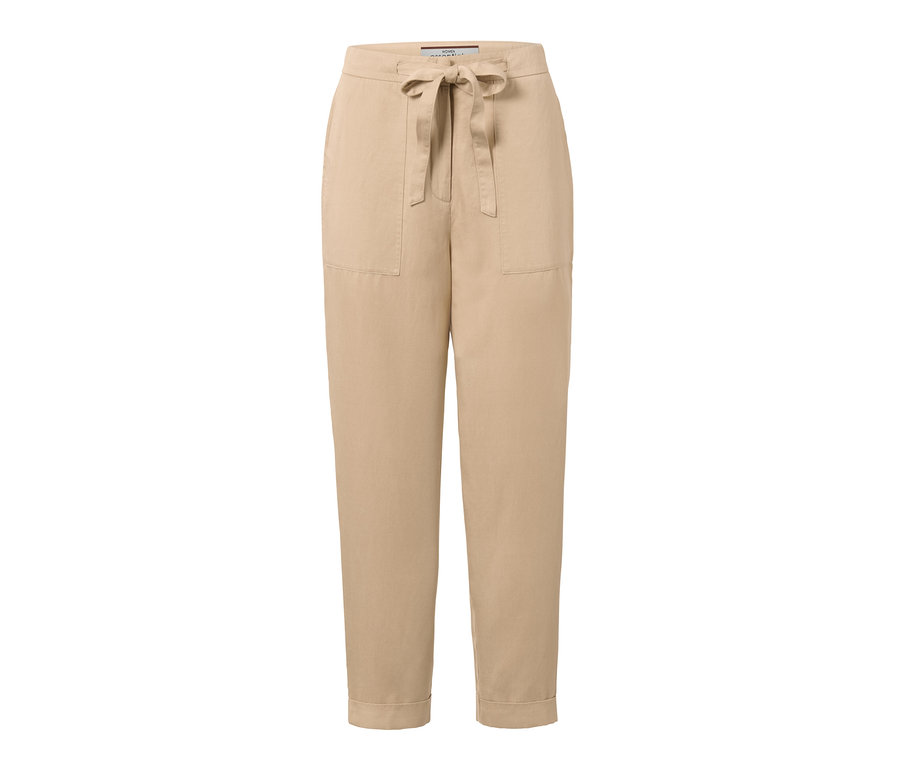 Eine beige Hose aus Leinenmix mit Kordelzug in der Taille.