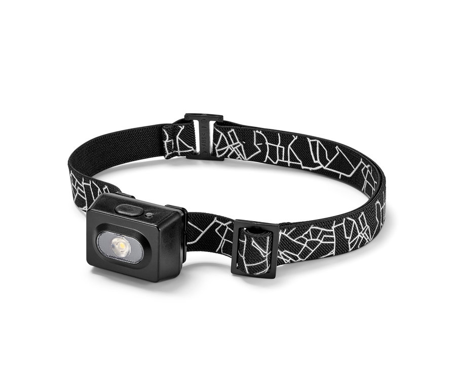 Stirnlampe mit schwarzem, weißem und grauem Gurt.