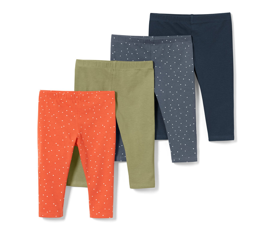 Vier 3/4-Leggings für Babys und Kleinkinder: orange mit weißen Punkten, olivgrün, grau mit weißen Punkten und dunkelblau.