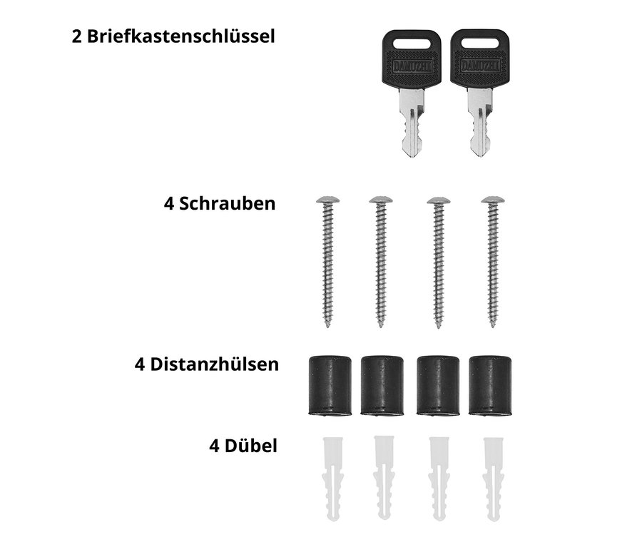 Zwei Briefkastenschlüssel, vier Schrauben, vier Abstandshülsen und vier Dübel.