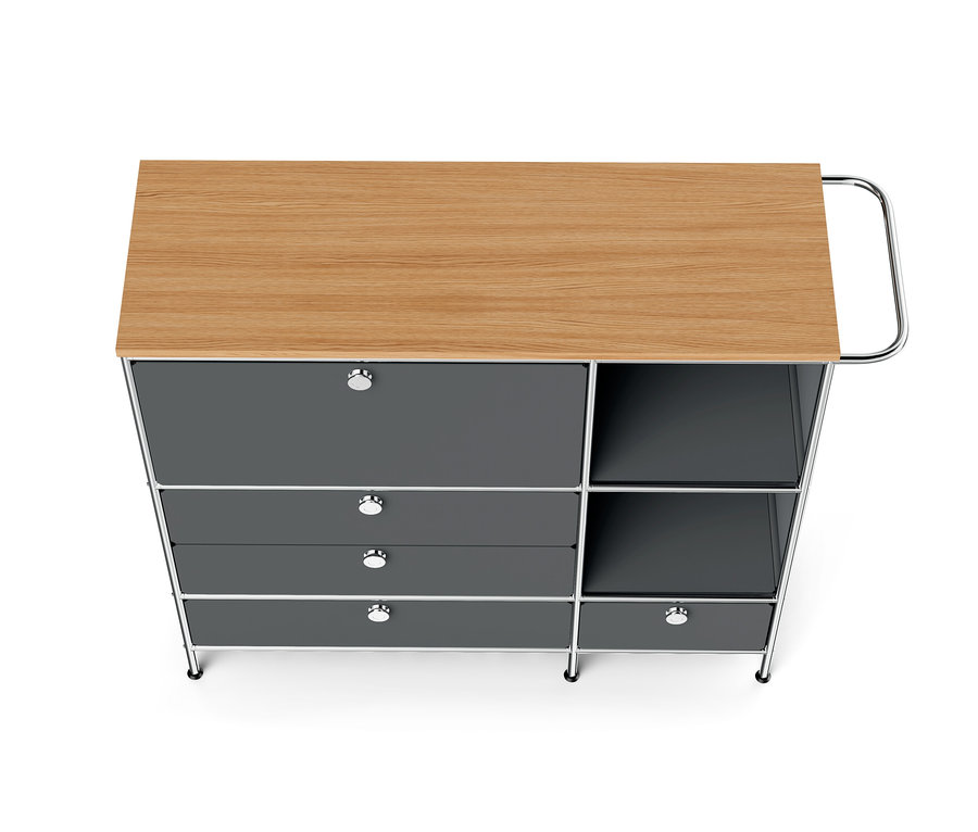 Detailansicht von oben: graues Sideboard Metall »CN3« mit Holzplatte, 1 Klappenfach und 4 Schubladen.