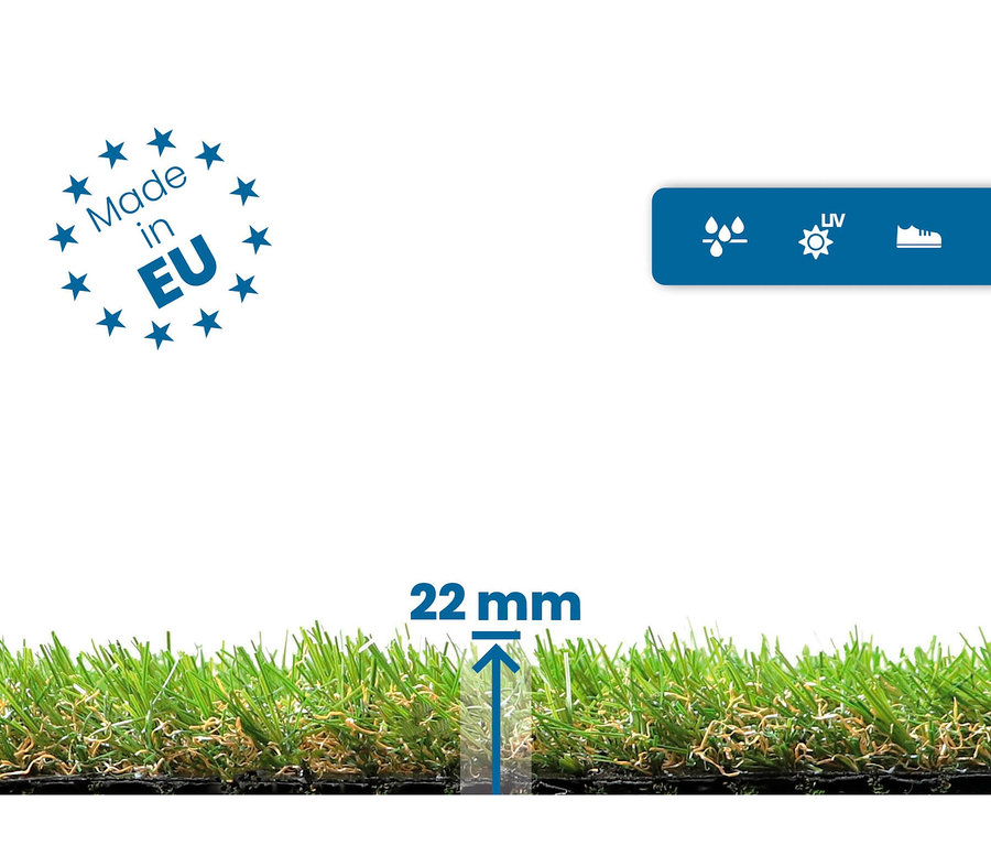 Detailansicht des Primaflor Kunstrasens "Francis" mit einer Höhe von 22 mm.
