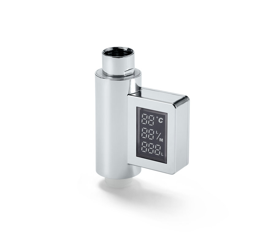 Ein silberner LED-Wasserverbrauchsanzeiger zeigt Temperatur, Prozent und Liter an.