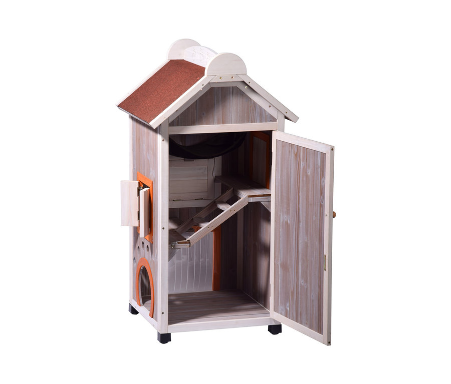 Geöffnetes Katzenhaus »Fancy Cat« aus Holz mit braunem Dach, Leiter, Hängematte und Löchern in der Wand.