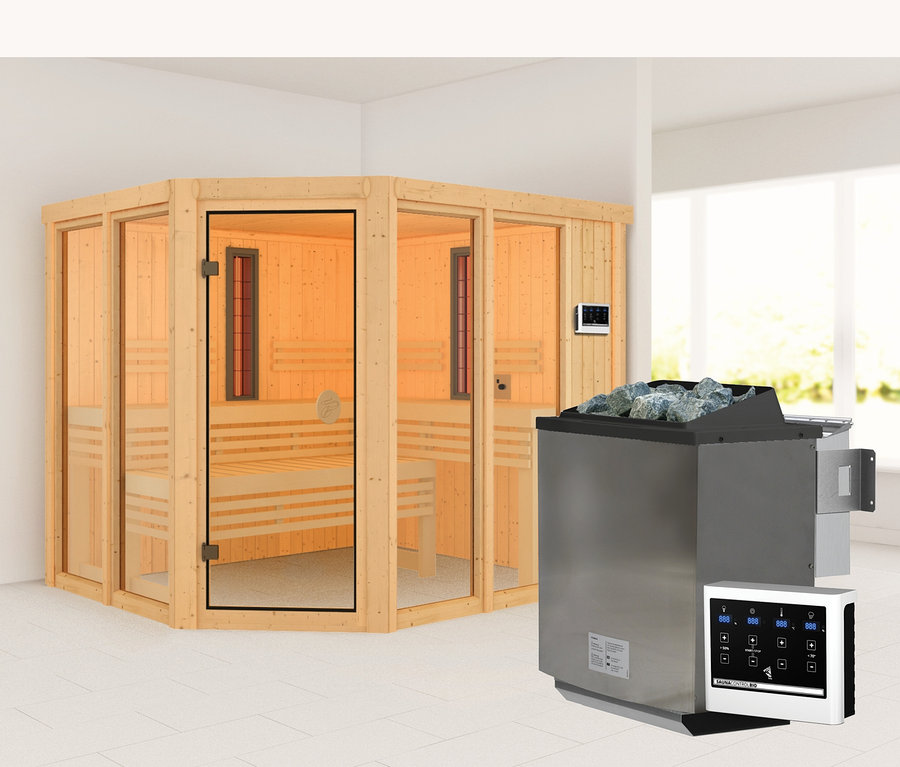 Eckige Karibu Sauna »Scarlett Plus«, Bio mit Glastür und silberfarbenem Saunaofen mit Saunasteinen.