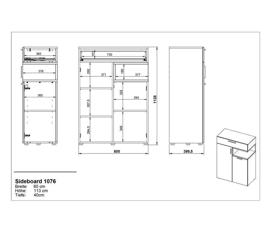 Schwarz-weiße Strichzeichnungen eines Nonza Sideboards mit Maßangaben.