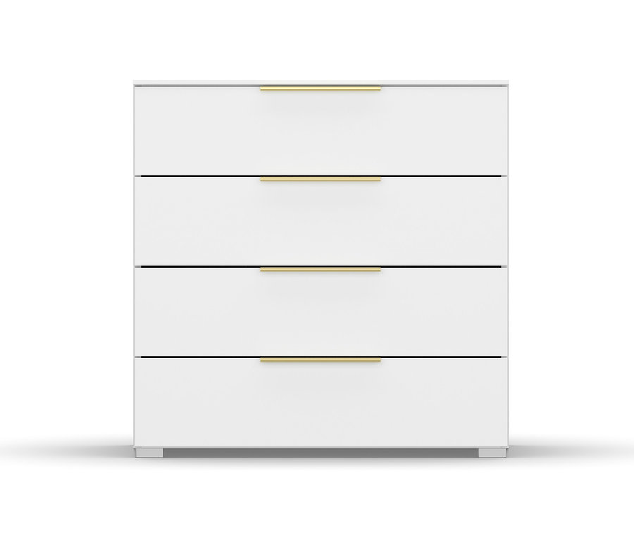 Weiße Kommode »Skat Glamour« von rauch mit vier Schubladen und goldenen Griffen.