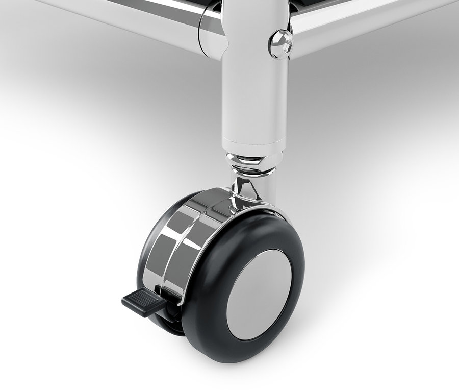 Detailaufnahme eines schwarzen Rades mit Bremse von einem Rollcontainer Metall »CN3«.