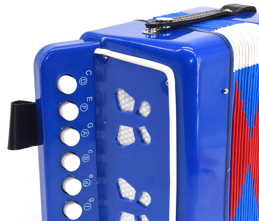 Detailaufnahme eines blauen Voggenreiter Akkordeons.