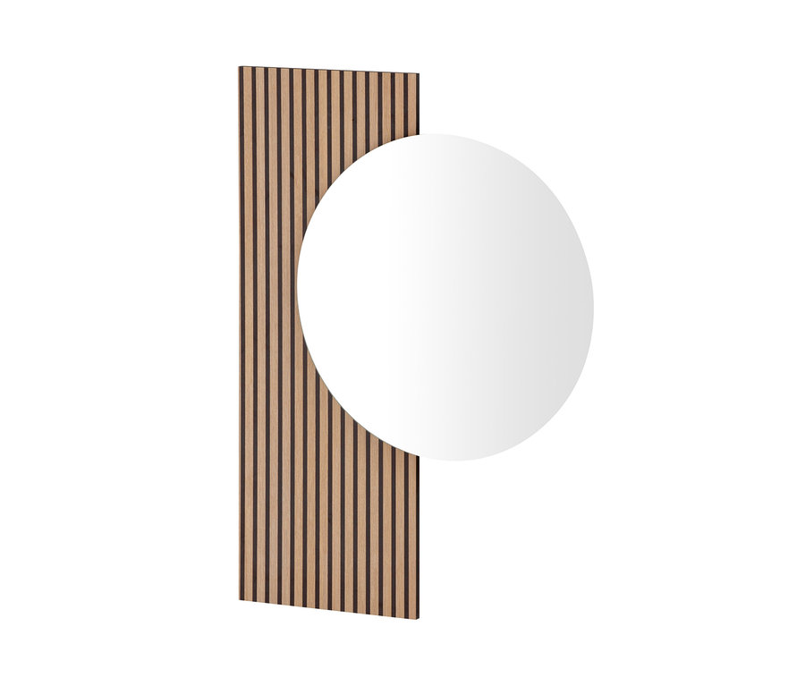 Ein runder Spiegel »Hank« ist an einer Holzplatte mit Lamellen befestigt.
