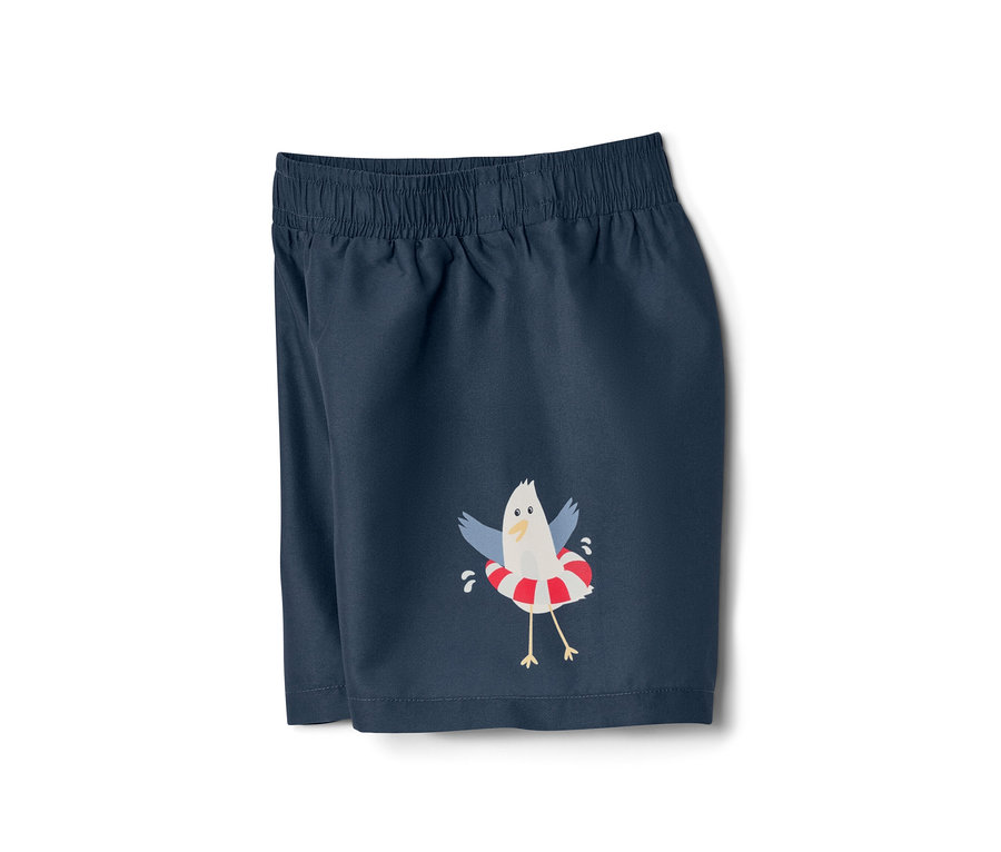 Marineblaue Kinder-Boardshorts mit Möwen-Motiv.