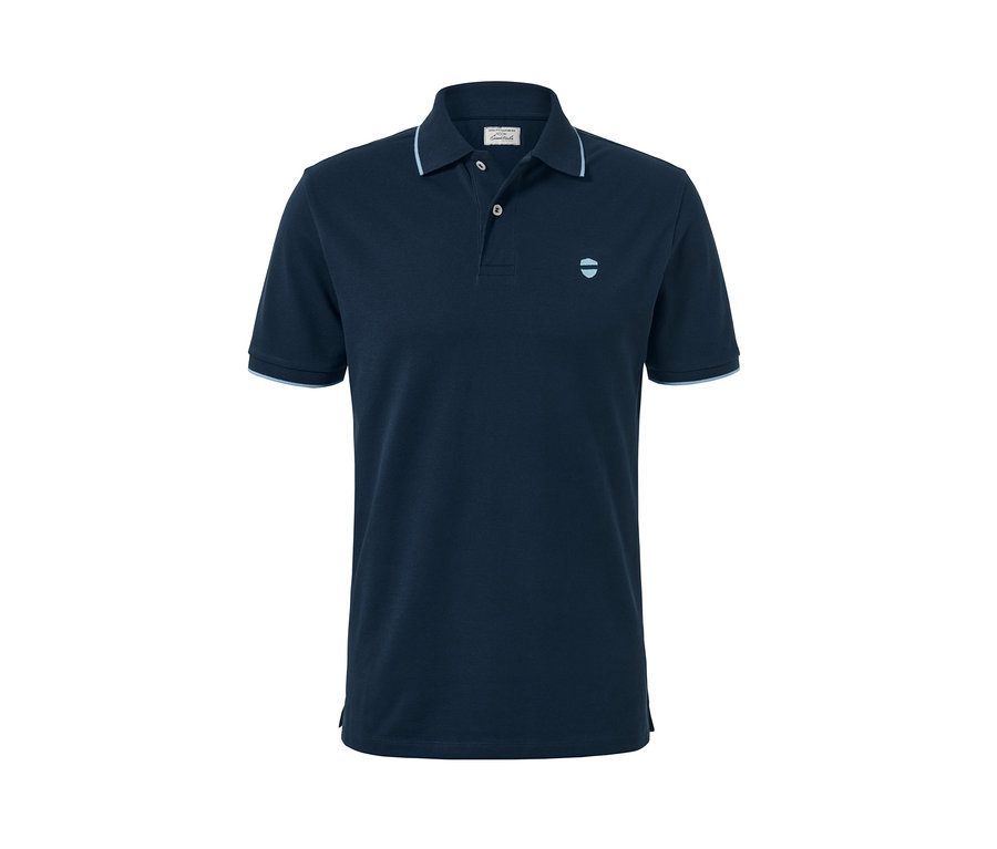 Marineblaues Piqué-Poloshirt mit kurzen Ärmeln und Kragen mit Streifen.