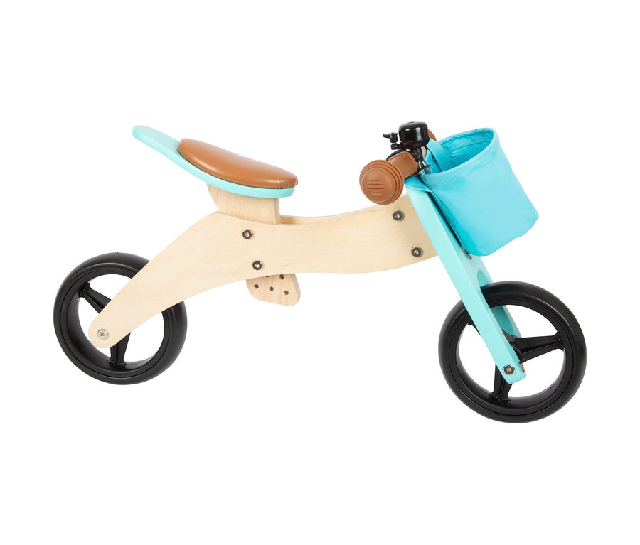 Türkises small foot Laufrad-und-Dreirad »Trike« mit braunem Sitz und schwarzen Rädern.
