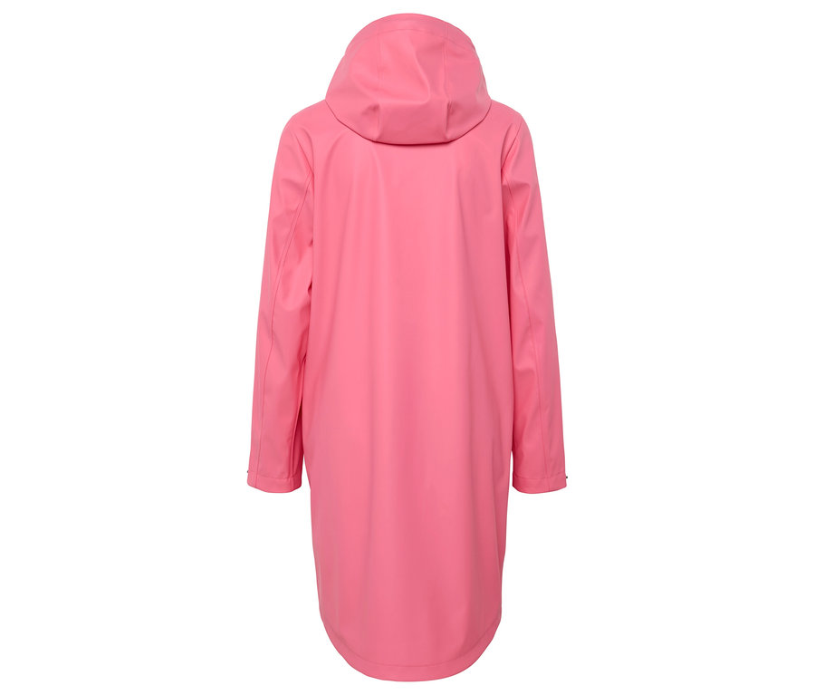 Rückansicht eines rosa Regenmantels mit Kapuze.