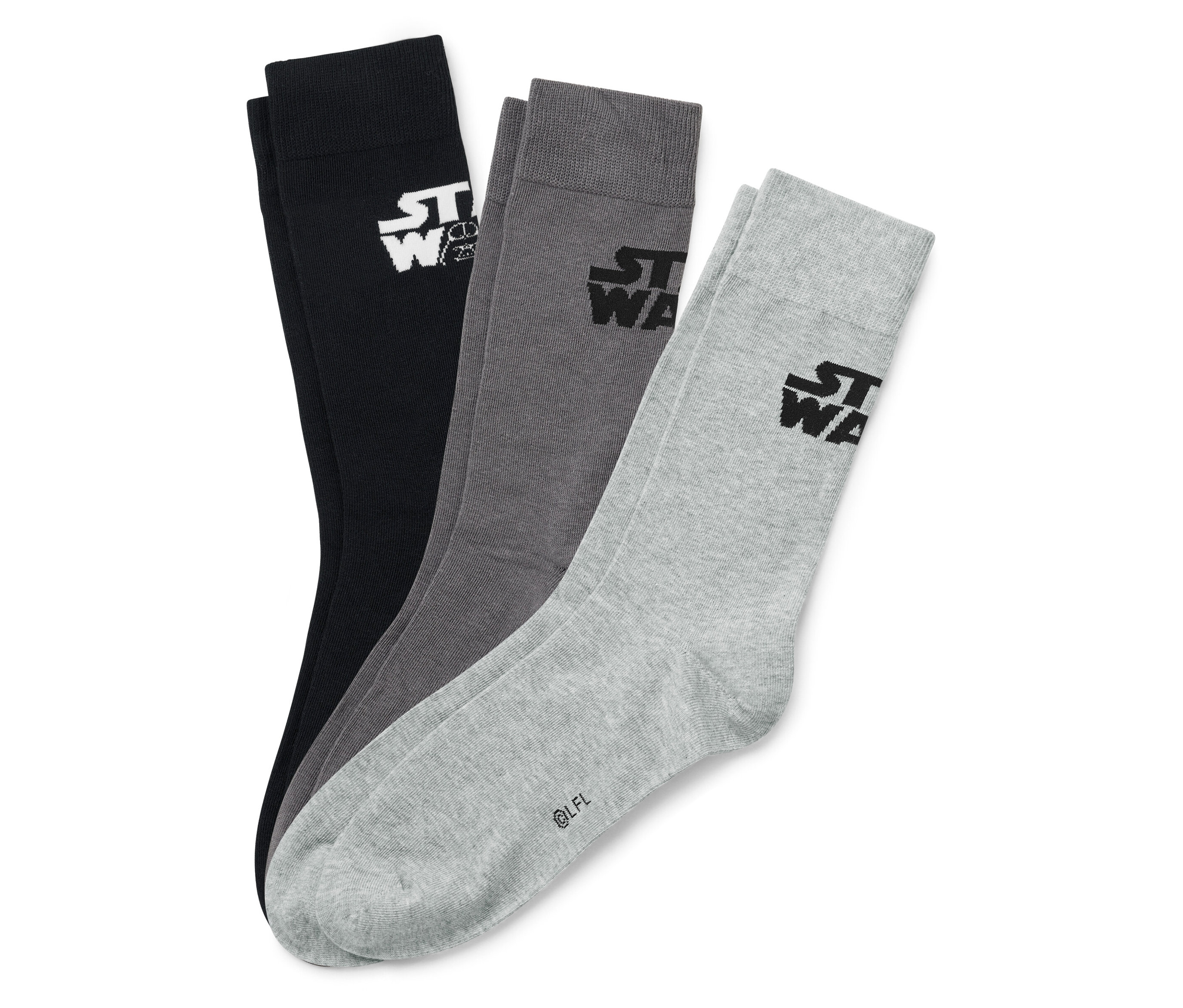 Drei Paar Star Wars Socken: Schwarz, Grau und Hellgrau.