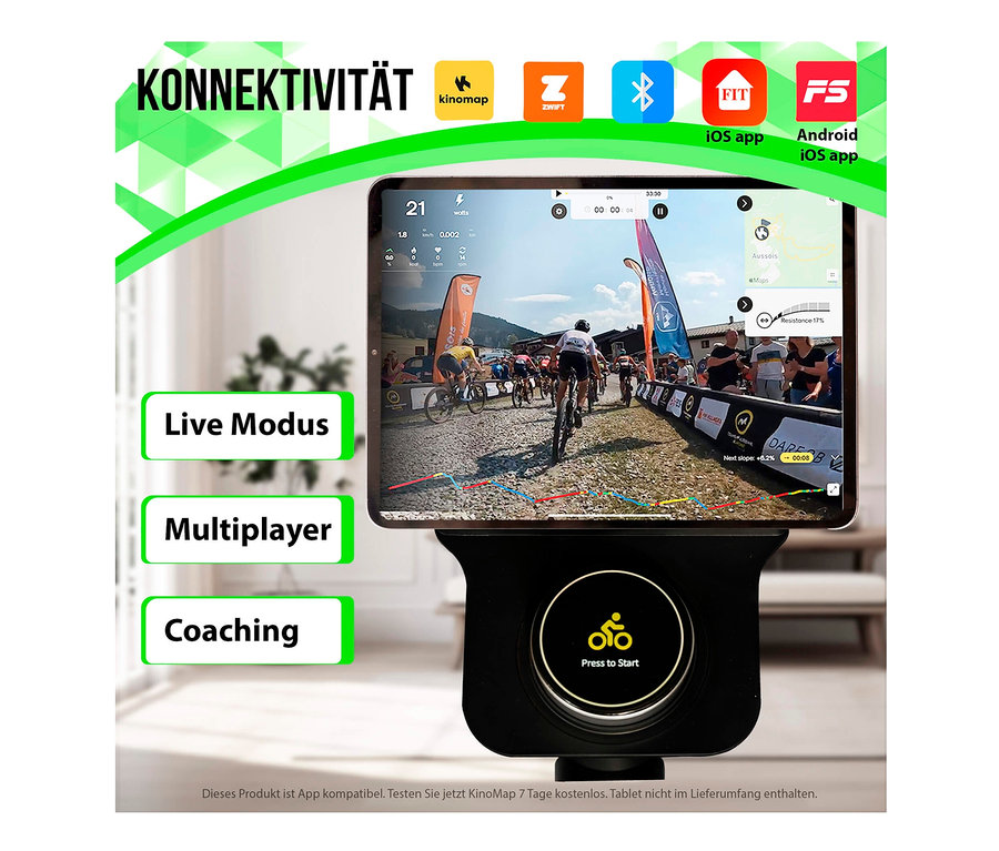 Tablet zeigt eine Radrennstrecke im Gelände. Zu sehen ist der Heimtrainer Ergometer »ET 3.1«.