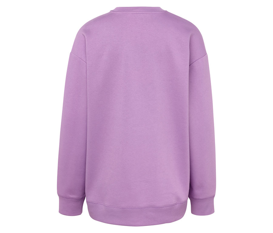 Rückansicht eines lila Sweatshirts mit langen Ärmeln.