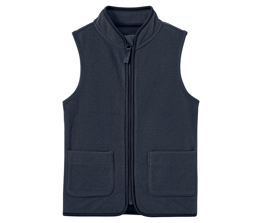 Eine marineblaue Fleeceweste mit Reißverschluss und Taschen.