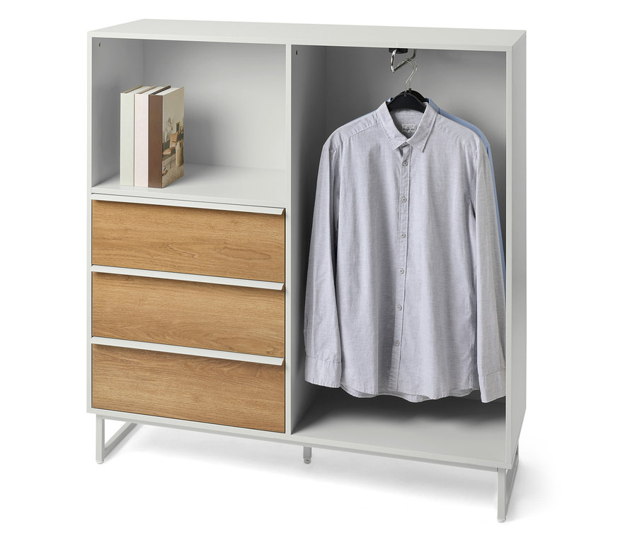 Kommode »LEEG« mit 3 Schubladen und Kleiderstange, sowie Bücher und Hemd sind im Bild.