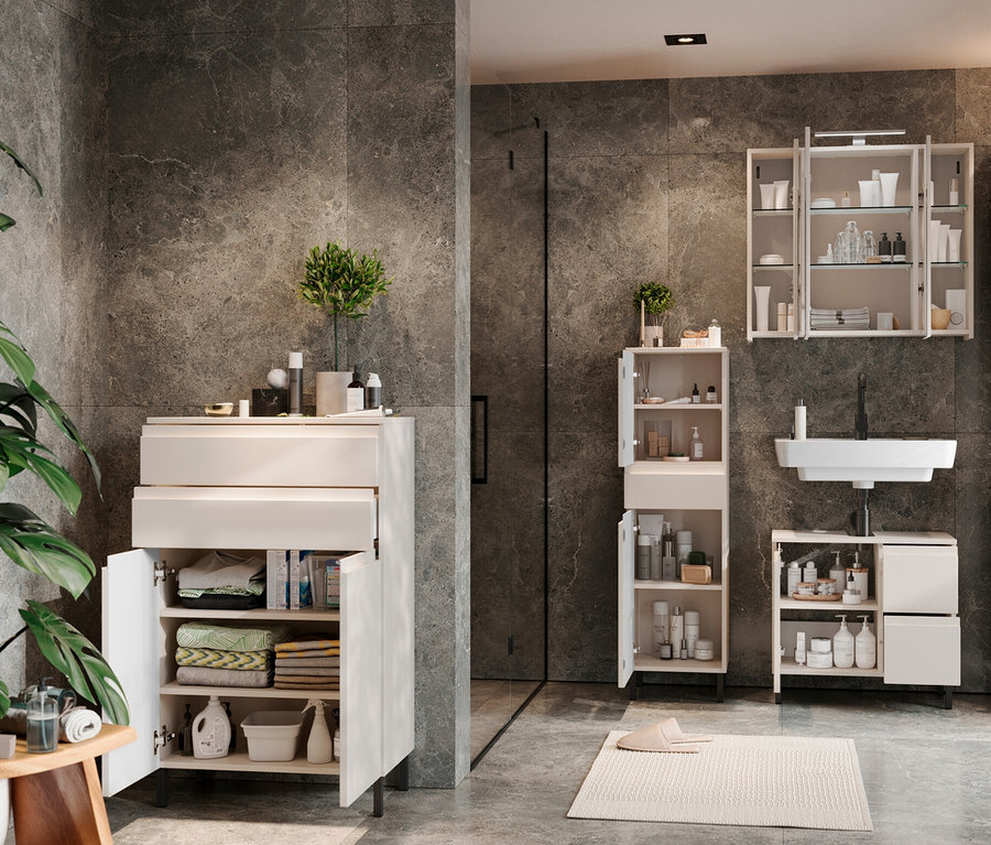 Badezimmer mit Waschbecken, Toilette und Stauraum. Offene Kommode »Salinas«, kaschmir.