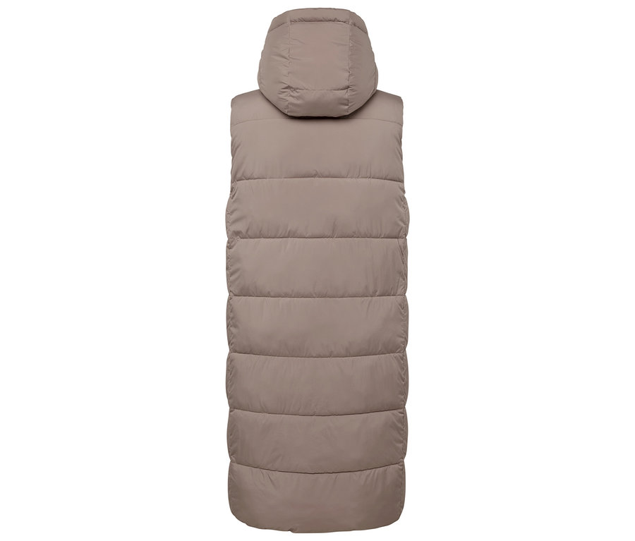 Rückansicht einer langen, gesteppten Weste mit Kapuze in Braun.