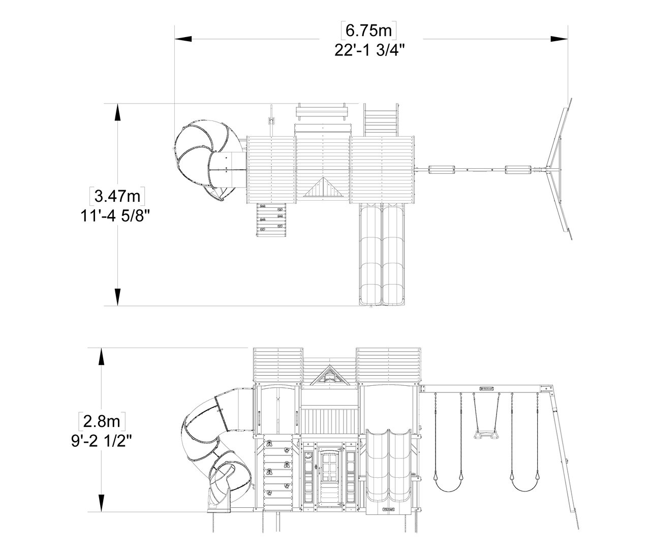Draufsicht und Seitenansicht eines Spielturms »Bolzo« mit Rutsche und Schaukel.