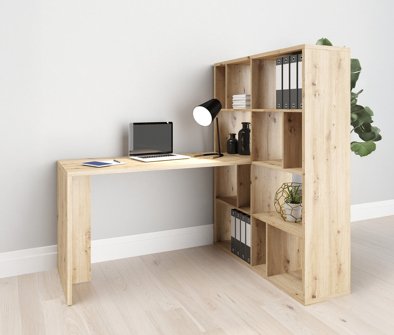 Roba Set, Raumteiler mit Schreibtisch, Artisan-Eichenoptik mit Laptop, Lampe und Ordnern.