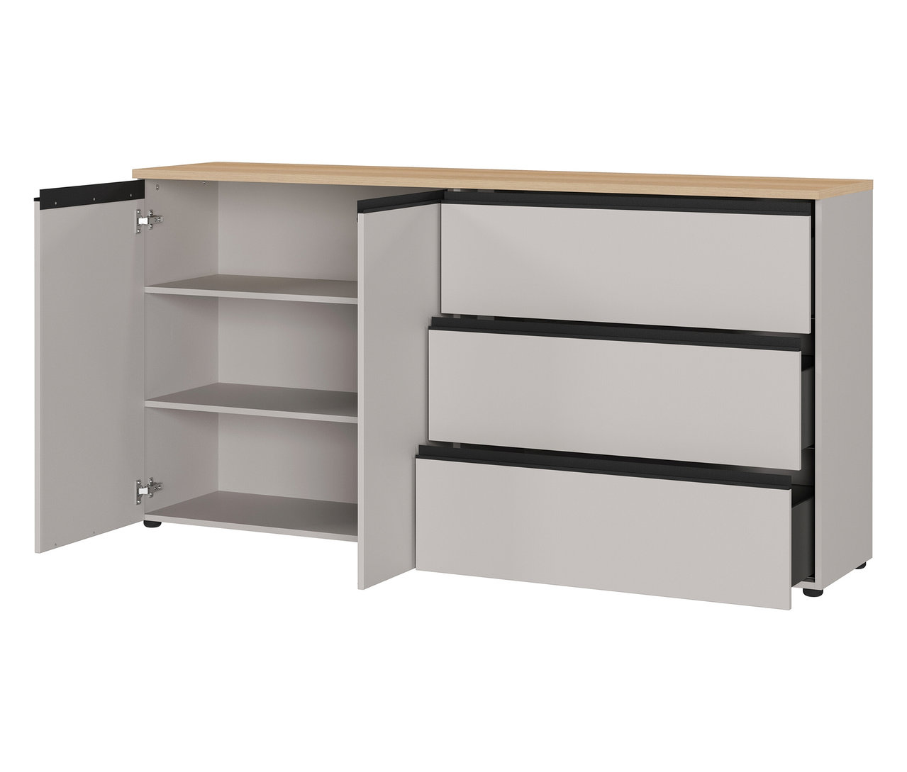 Das Sideboard »Cormano» mit drei Schubladen und einer offenen Tür mit drei Regalböden.