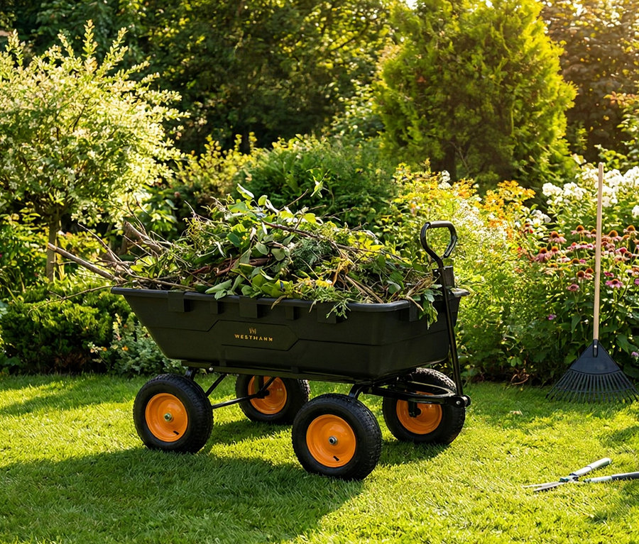 Ein Westmann »Prakta L«, großer Gartenwagen mit Kippfunktion steht im Garten, gefüllt mit Ästen und Grünabfällen.