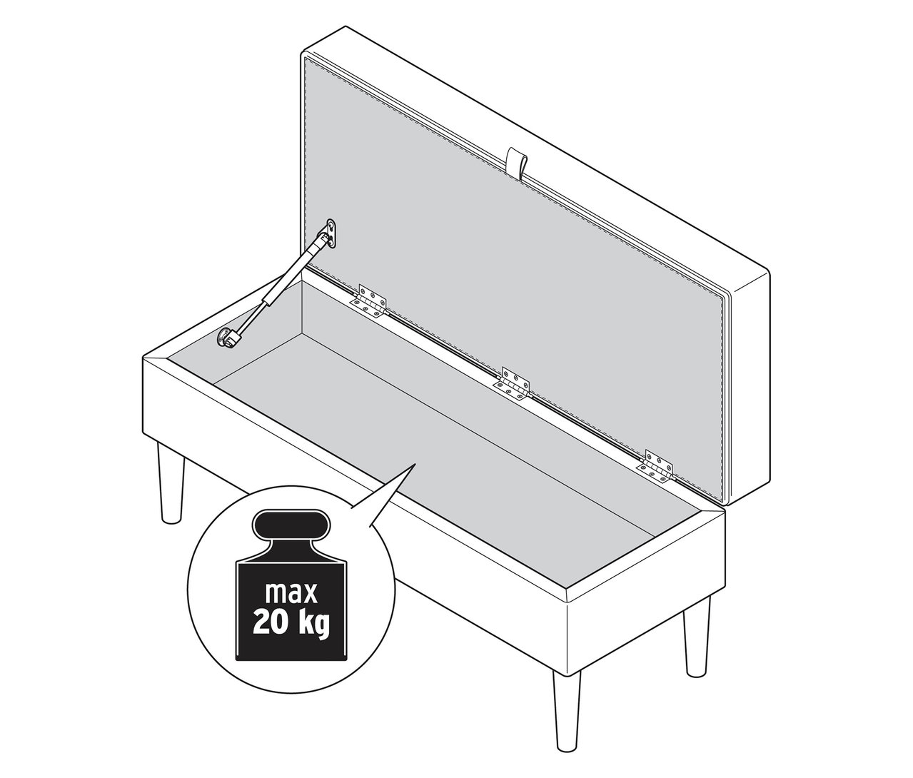 Geöffnete Stauraum-Polsterbank mit Hinweisschild zum maximalen Gewicht.