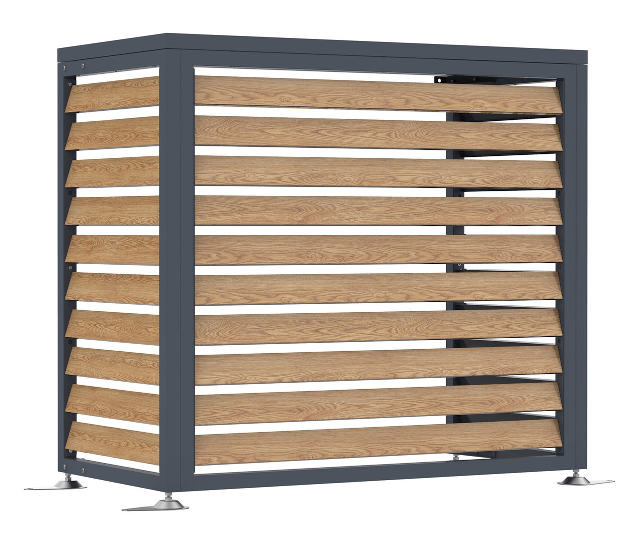 Eine graue Mülltonnenbox mit horizontalen Holzlamellen.